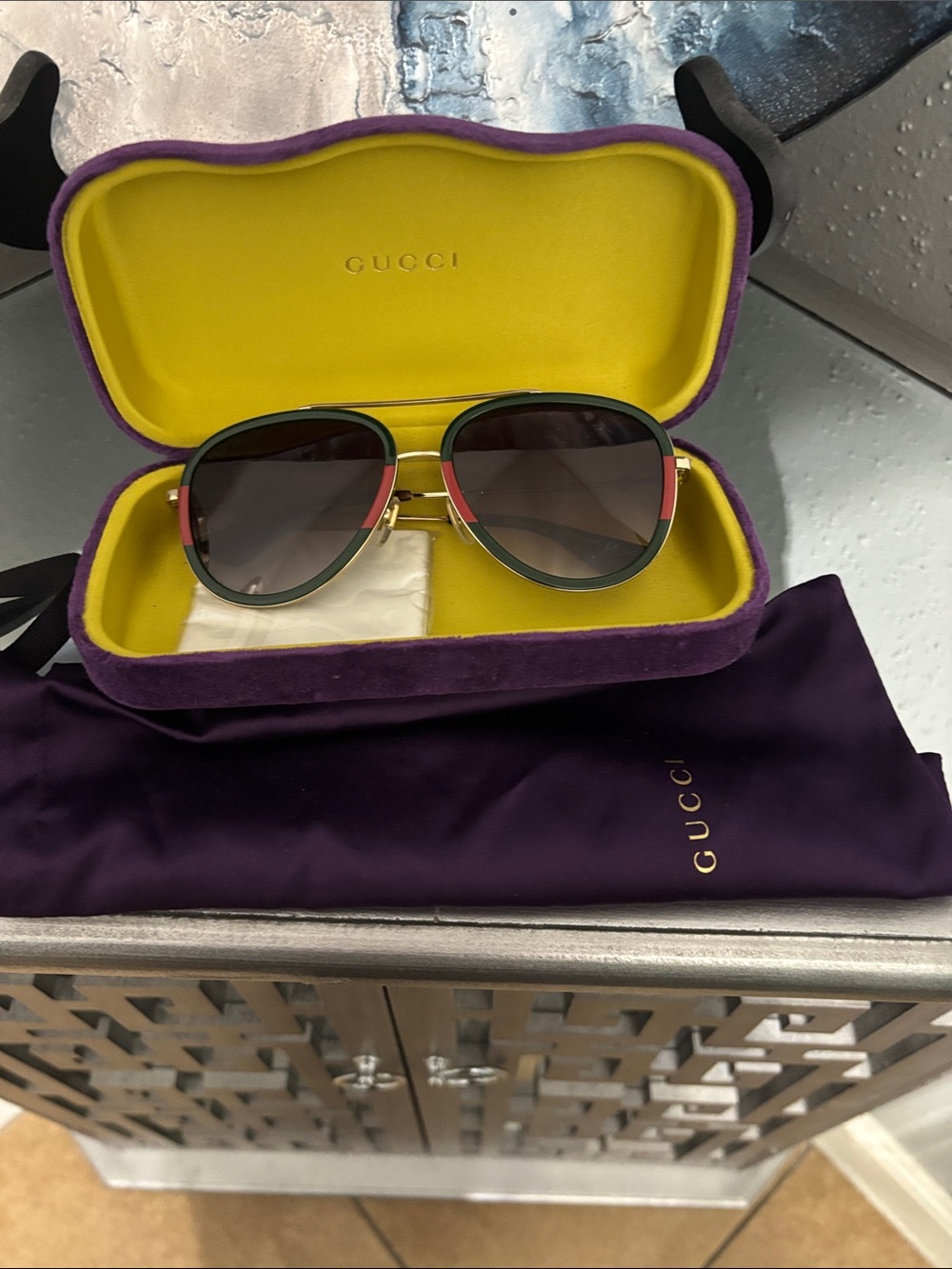 Gucci Women’s Aviator Sunglasses with Green and Red Trim